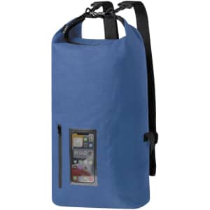 A blue waterproof backpack featuring a front pocket for a phone and adjustable shoulder straps.