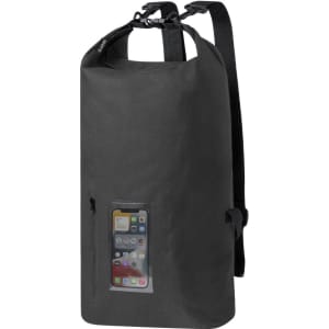 A black backpack with a clear phone pouch and adjustable straps, featuring a logo on the exterior.