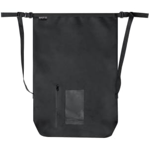 A black backpack with adjustable straps and a front zipper pocket, featuring a transparent window for identification.