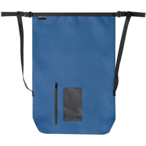 A blue backpack with adjustable straps and a side zip pocket, featuring a logo on the top.