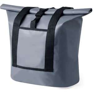 A grey dry bag with a roll-top closure and adjustable straps, featuring a front pocket and a logo.