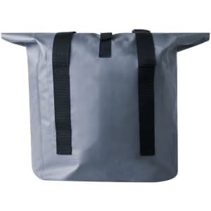 A grey dry bag with black straps and a zip closure, featuring a simple design and a branding logo.