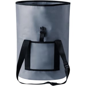 A grey dry bag with a black strap and pocket, featuring a secure closure mechanism and a logo.