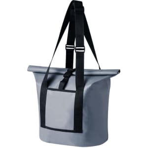 A grey dry bag with adjustable black straps and a front pocket, featuring a logo on the side.
