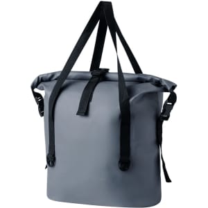 A grey dry bag with black straps, featuring a roll-top design and adjustable shoulder straps. It includes a logo.