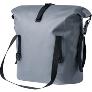 A grey dry bag with adjustable straps and a roll-top closure, featuring a logo.