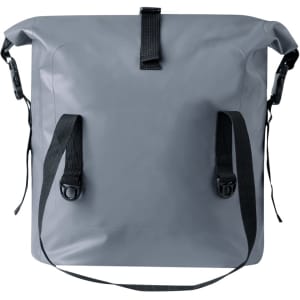 A grey dry bag with adjustable straps and a buckle closure. It features a simple design and a logo.
