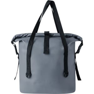 A grey dry bag with black straps and a roll-top closure, featuring a logo on the front.