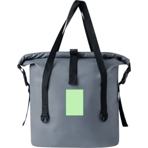A grey dry bag with black straps, featuring a small green logo area. Ideal for outdoor activities.