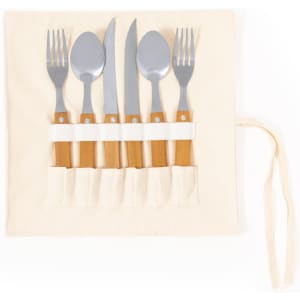 A set of stainless steel cutlery featuring forks, spoons, and knives with wooden handles, neatly arranged in a beige holder.