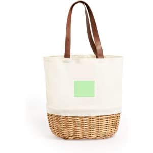 A cream and brown picnic basket with a woven base and fabric top, featuring handles for easy carrying.