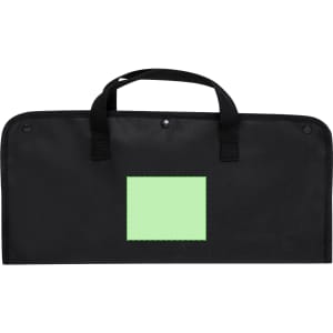A black barbecue set bag with a green patch and dual handles for easy carrying.