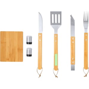A barbecue set featuring bamboo-handled tools, including a spatula, knife, fork, grill tongs, and a cutting board.