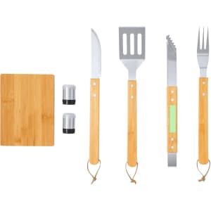 A bamboo barbecue set featuring a spatula, knife, fork, and grilling accessories with bamboo handles.