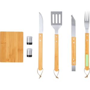 A bamboo barbecue set featuring a cutting board, spatula, fork, knife, and two salt and pepper shakers with black accents.