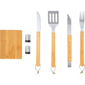 A barbecue set featuring a wooden board, four stainless steel tools with bamboo handles, and two spice containers.