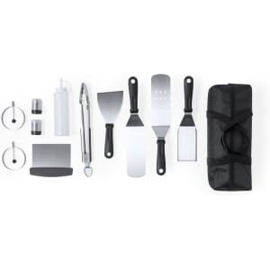 A barbecue set in black and silver, including spatulas, tongs, bottles, and storage case.