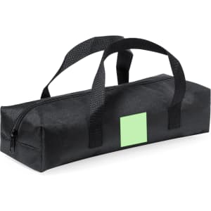 A black barbecue set bag with handles and a zipper, featuring a blank green area for branding.