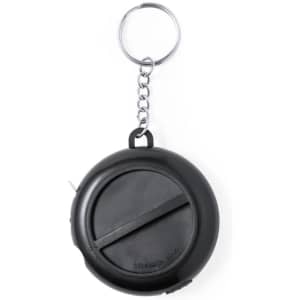 A black keyring multitool tape measure with a chain attachment. Features a circular design for easy handling.