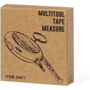 A cardboard box featuring a sketch of a multitool tape measure. The box has a keyring attachment.