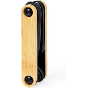 A bamboo multitool with black elements, featuring a sleek and compact design, includes various tools.