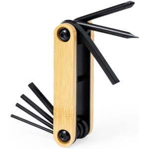 A multitool with a bamboo handle and several black tool attachments. It features a logo on the handle.