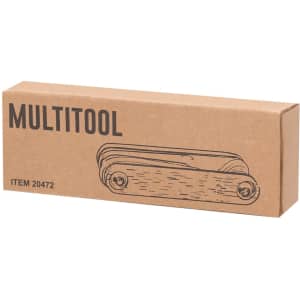 A cardboard box containing a multitool, featuring an illustration of the tool. The box has a logo.