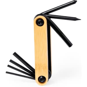 A bamboo multitool featuring multiple black tool extensions, designed for convenience. It includes a branding logo.