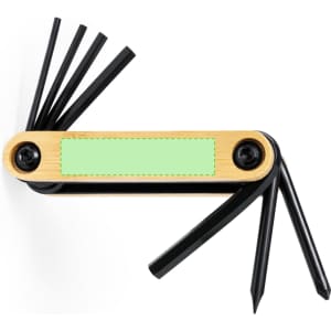 A multitool featuring a bamboo handle and multiple black tools, with an area for branding or customisation.