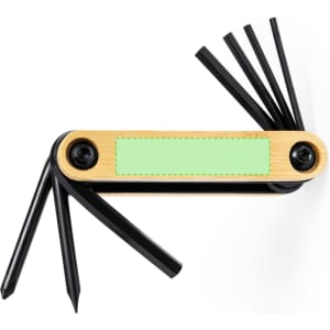 A multitool with a bamboo handle and black tools extending from it, featuring a branding area.
