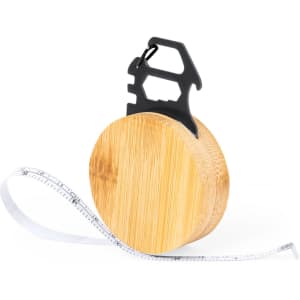 A bamboo tape measure with a black multifunctional clip, featuring a white measuring tape.