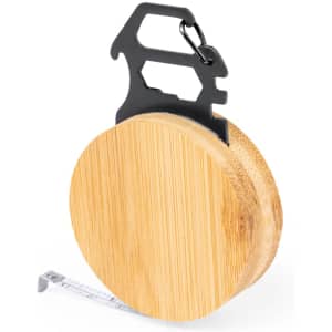 A bamboo tape measure with a black metal clip and a retractable silver measuring tape.