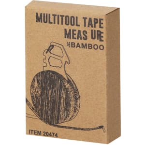 A multitool tape measure in a cardboard packaging featuring a simple design and a logo. The item is predominantly brown.