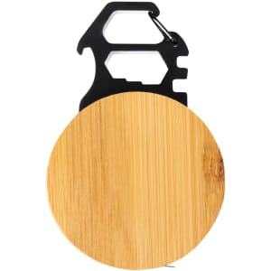 A round bamboo multitool with a black carabiner attachment. It features tool functions integrated into the design.