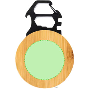 A bamboo tape measure with a black carabiner, featuring a green centre design.