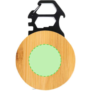 A bamboo tape measure with a green centre and a black carabiner attachment, featuring a tool-like design.