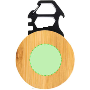 A bamboo and black multitool tape measure with a circular design and a centre circle. Features a carabiner clip.