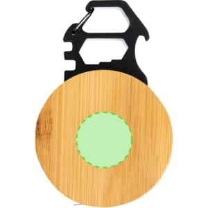 A multitool tape measure with a circular bamboo design and a black carabiner attachment. It features a green centre circle.
