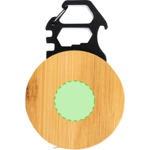 A bamboo multitool tape measure with a green circular centre and a black attachment feature.