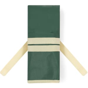A green gardening set with beige straps for secure storage, featuring a branded logo.