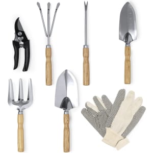 A gardening set featuring six tools: pruners, a trowel, a hand fork, a weeder, a spade, and gloves with a textured grip.