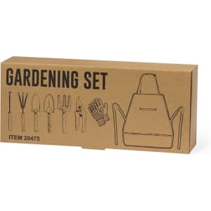 A gardening set packaging featuring a brown box with illustrations of tools and a gardening apron in black.