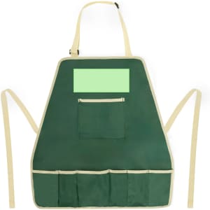 A green gardening apron with beige straps and multiple pockets, featuring a blank area for personalisation.