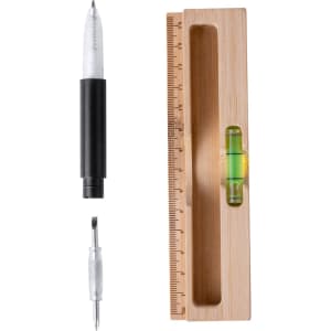 A bamboo ruler with a built-in level, alongside a black pen and a small tool. The products feature natural and black colours.