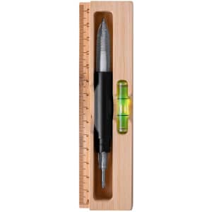 A bamboo multitool featuring a silver pen, level, and ruler. The tool has a natural wood finish.