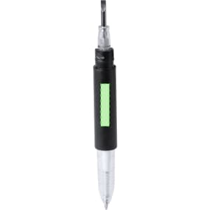 A black multitool with a transparent barrel and green accents, featuring multiple screwdriver heads.