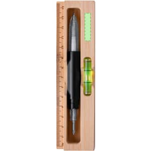 A multitool set featuring a black pen, a bamboo box with a ruler, and a small spirit level.