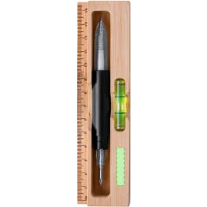 A bamboo box containing a black pen, a ruler, and a small spirit level. The box has a logo.
