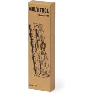 A bamboo multitool in a cardboard box with a design illustration and a logo.