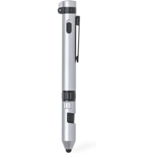 A silver multifunction pen with a clip and various features. The pen has a sleek design and a textured grip.